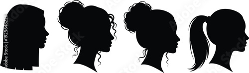 Black Women Hairstyle Silhouette Vector Illustration Set with Ponytail Messy Bun and Straight Hair Profile Icons for Beauty and Salon Design