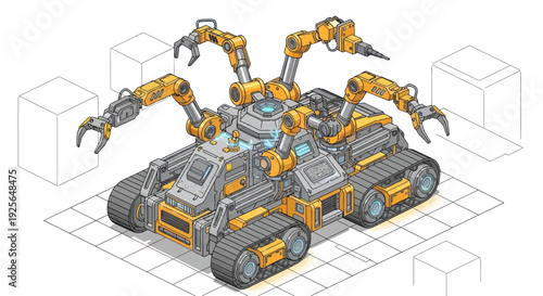 Futuristic Robot with Mechanical Arms and Tracks.