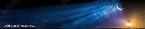 Panel kuchenny z motywem Crescent Moon and Glowing Fanous Lantern with Smoke on Dark Background for Ramadan Kareem Banner Design with Copyspace and Dramatic Lighting for Holiday Advertising