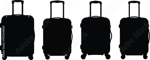 Four silhouetted rolling suitcases with telescopic handles in a row on white background, travel concept, luggage set, wheeled baggage, vacation essentials, portable cases, modern design