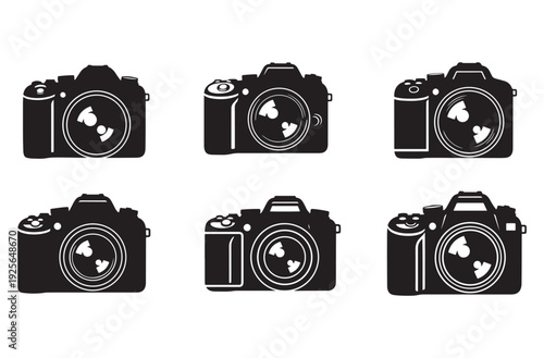 Camera icon set black silhouette digital photography equipment professional lens body gadget isolated on transparent background dslr mirrorless electronic device design elements