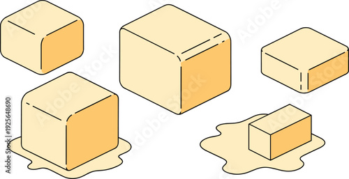 Butter Cube Vector Illustration Set with Isometric Melting Butter Blocks and Yellow Dairy Product Icons for Cooking and Food Design