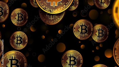 Golden Bitcoin coins floating against a dark background, showcasing a dynamic flow of cryptocurrency symbols with circular bokeh effects enhancing the visual depth and richness