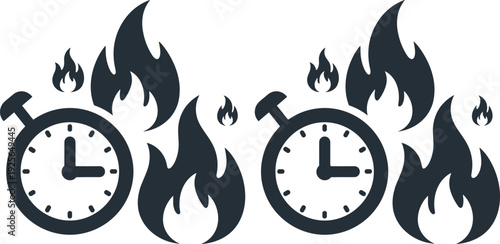 Deadline and Time Pressure Vector Illustration Set with Stopwatch and Fire Flame Icons for Urgency and Management Concept