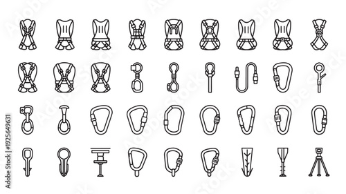 Set of 40 climbing harness and carabiner icons vector