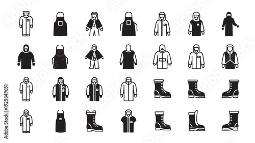 Collection of various clothing items and footwear icons displayed in a grid arrangement, showcasing diverse styles and designs