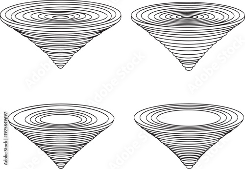 Set of abstract vector conical shapes, featuring minimalist black lines for modern graphic design elements and dynamic vortex patterns