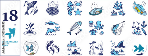 Underwater Marine Life Vector Icon Set Blue Ocean Fish Seafood Fishing and Coral Icons Collection.