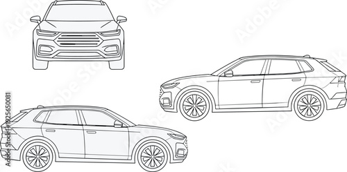 Three different views of a modern suv car in outline drawing style, including front view and two side views, for automotive design and technical illustration purposes