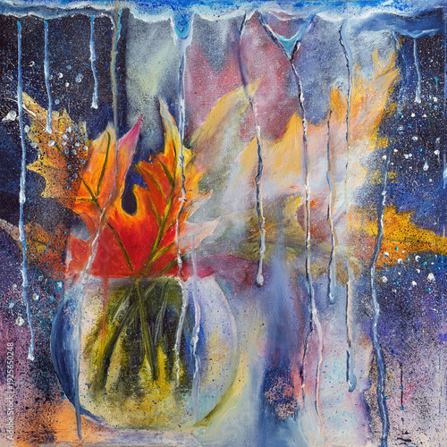 Autumn leaves in vibrant vase painted in expressive mixed media with splashes, textures, and flowing lines. Concept of autumn mood, seasonal nostalgia, inner transformation awareness