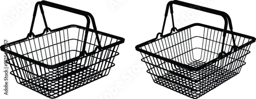 Two empty metal wire shopping baskets with black handles isolated on white background