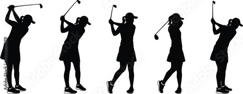 Black silhouette collection of female golfers performing various stages of a golf swing including backswing, downswing, and follow through positions.
