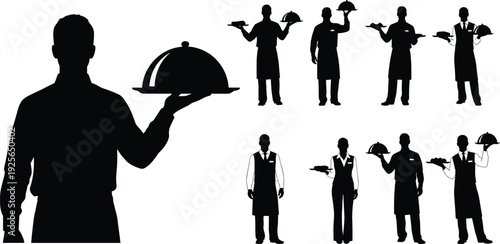 Black silhouette collection of professional waiters and waitresses holding food trays and serving cloches isolated on a clean white background.