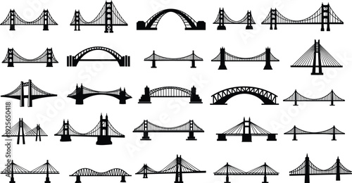 Black silhouette collection of various bridge types including suspension bridges, arch bridges, cable stayed bridges, and urban overpasses on white background.