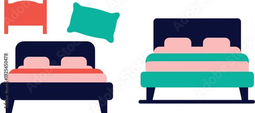 Modern Double Bed Vector Illustration Set with Colorful Mattress Pillow and Headboard Icons for Bedroom Interior and Furniture Design