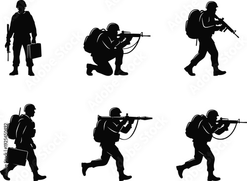 Black silhouette collection of soldiers and military personnel featuring combat poses, aiming rifles, carrying equipment, and walking on white background.