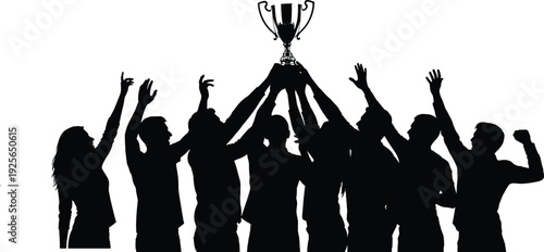 Black silhouette of a cheering group of people holding a trophy cup high in celebration of winning a sports championship.