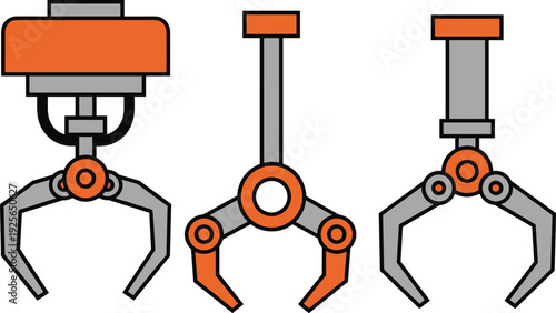 Orange Claw Machine Vector Illustration Set with Robotic Crane Arm and Metal Gripper Icons for Arcade Game and Industrial Design