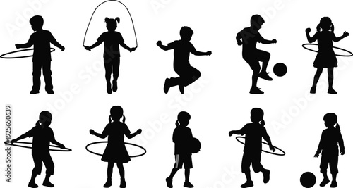 Black silhouette collection of active children playing with hula hoops, jumping rope, kicking soccer balls, and jumping on white background.