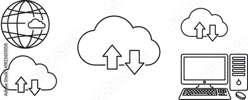 Cloud Computing and Global Network Line Icons