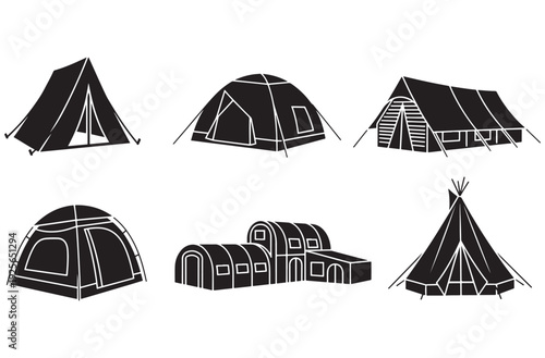 Camping tent silhouette collection featuring various styles of outdoor shelter from classic a-frame to modern geodesic domes for hiking tourism and wilderness adventure graphics