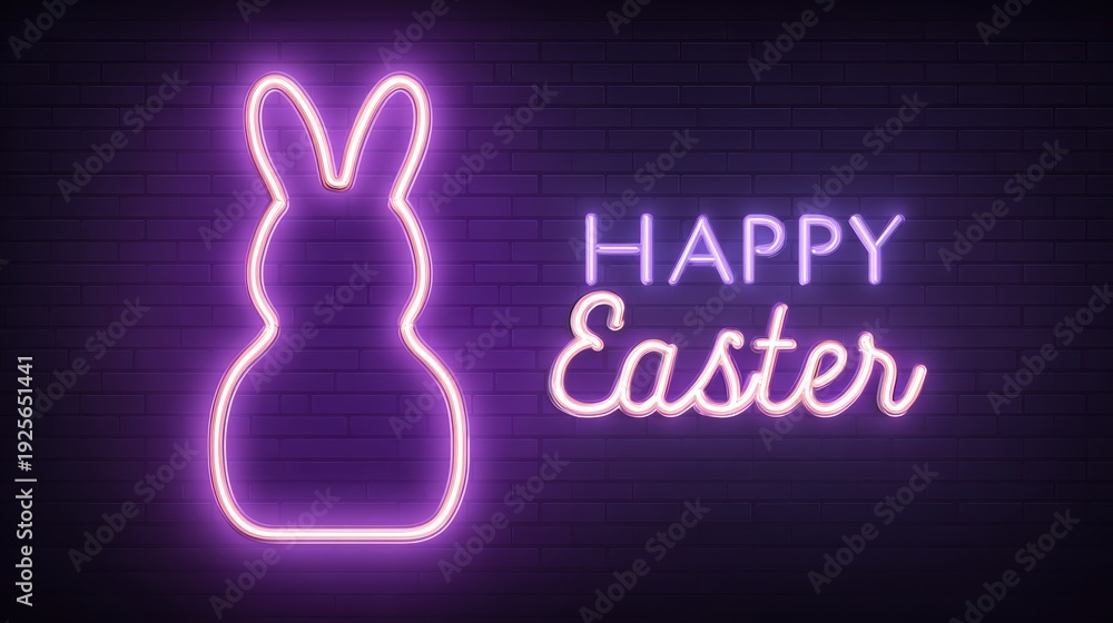 Fototapeta premium Happy Easter neon sign with bunny silhouette on brick wall background