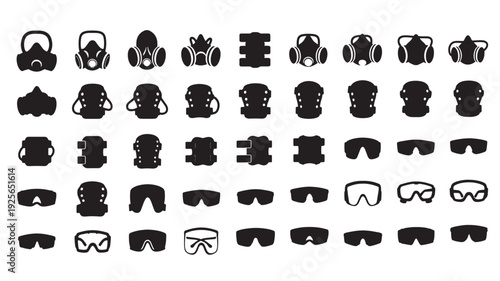 Set of 40 black safety mask and goggle icons vector