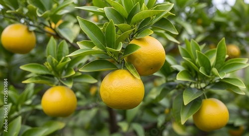 Close up of ripe oranges hanging on a tree branch with green leaves