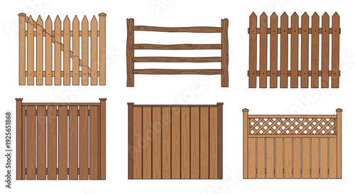Various wooden fences on display outdoors