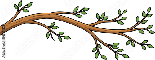 Brown tree branch with green leaves growing