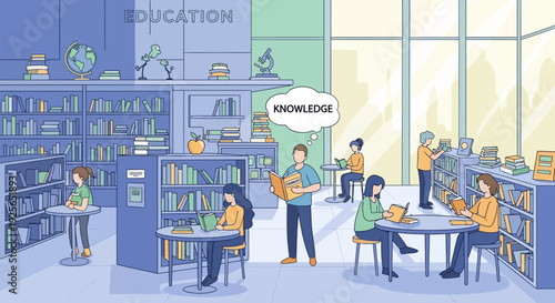 Students studying in a modern library interior