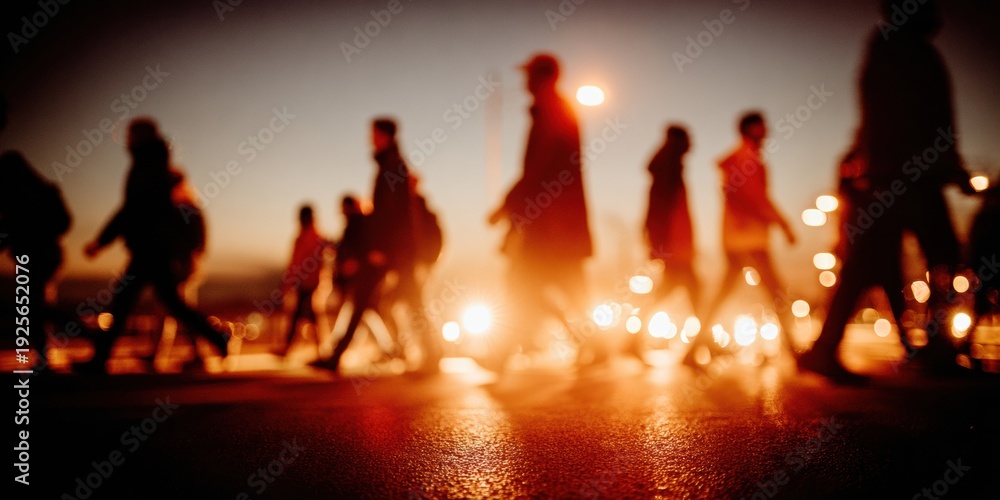 Fototapeta premium Group of activists marching during social justice protest at sunset, silhouettes of people in urban street demonstration for human rights and collective action background