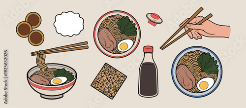 A detailed hand-drawn vector illustration of a person's hand using chopsticks to pick up ramen noodles from a bowl, surrounded by other Japanese food elements like soy sauce and nori.