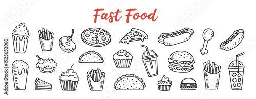 Hand-drawn collection of delicious fast food icons and illustrations, including pizza, burgers, fries, hot dogs, donuts, cupcakes, and milkshakes, perfect for menu design or culinary themes.