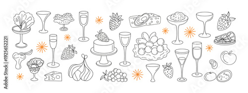 Elegant hand-drawn collection of desserts, fruits, cheese, and champagne glasses, perfect for celebrations, parties, and fine dining event designs.