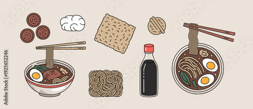 Authentic Japanese ramen noodle soup ingredients and preparation, including broth, eggs, meat, soy sauce, and chopsticks, for Asian cuisine and food blogs.