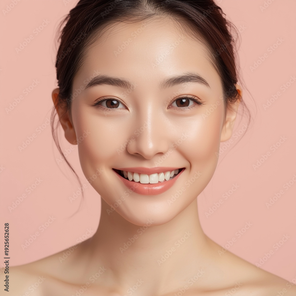 Obraz premium A smiling Asian woman with a radiant complexion on transparent background