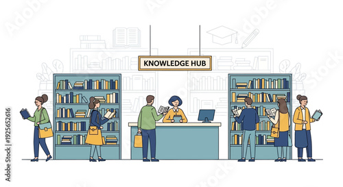 People interact at library knowledge hub desk