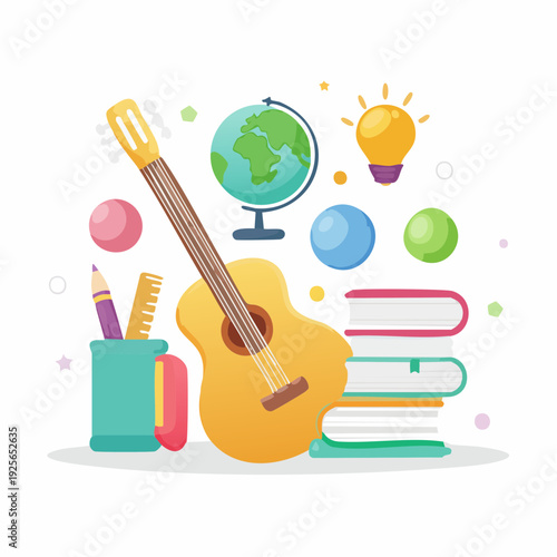 Colorful Educational Flat Lay Illustration with Globe, Books and Guitar elements