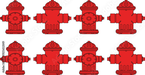 Red Fire Hydrant Vector Illustration Set with Various Industrial Water Plug Silhouette Icons for Firefighting and Emergency Safety Design