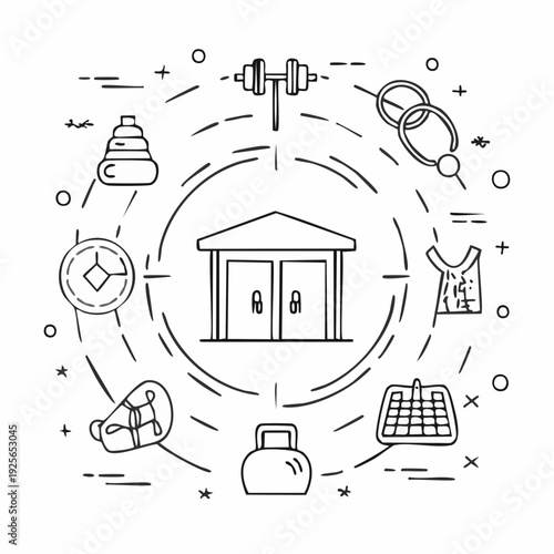 Conceptual Illustration: Diverse Activity Icons Circling a Central Building Outline