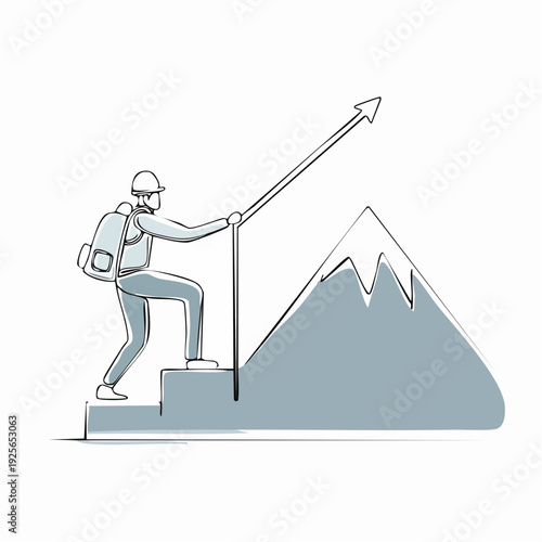 Conceptual illustration of a climber ascending stairs towards mountain summit with arrow