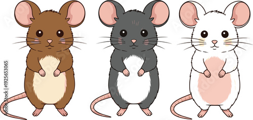 Cute Cartoon Mouse Characters Set Featuring Brown Gray and White Adorable Rodents Standing Isolated on Light Background for Kids Design Projects