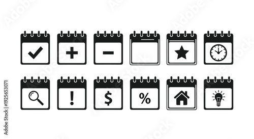 Ten distinct black and white calendar icons, each containing a unique symbol, are neatly arranged in two rows on a plain white background.