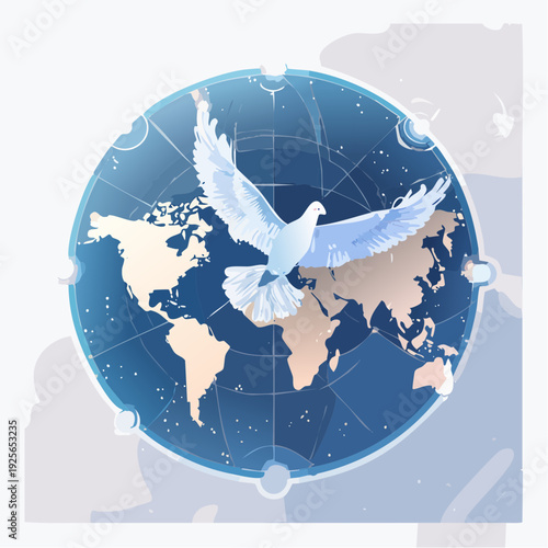 Conceptual Peace Illustration with a Dove Flying Over the World Map in Blue Tones