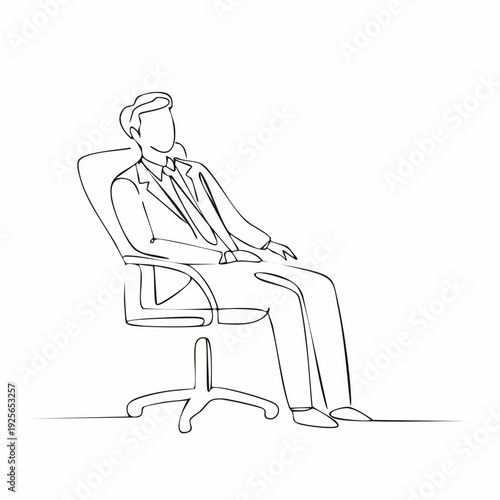 Contour drawing of a businessman sitting relaxed in an office chair in suit