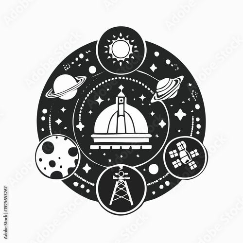 Cosmic Architecture: A Whimsical Journey Through Space and Landmark Design in Black and White