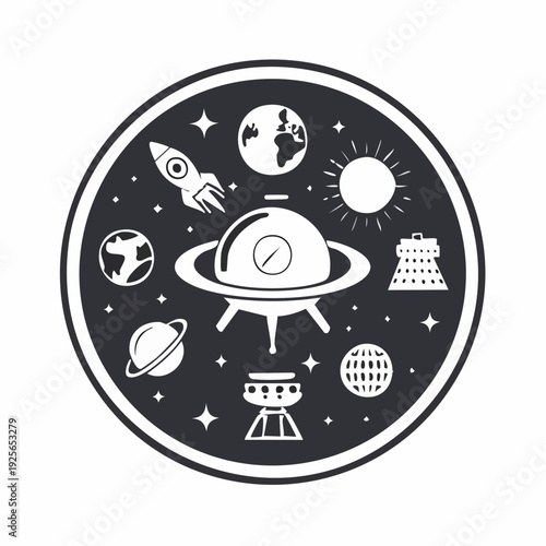 Cosmic Voyage: A Retro Space Emblem with Rocket, Planet, UFO, and Celestial Bodies