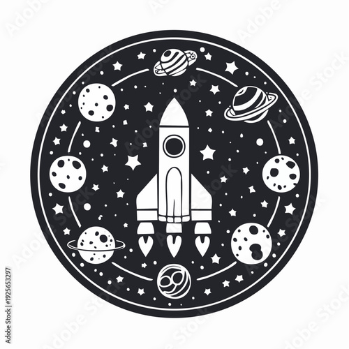 Cosmic voyage vector design featuring a spaceship planets and stars in circular frame