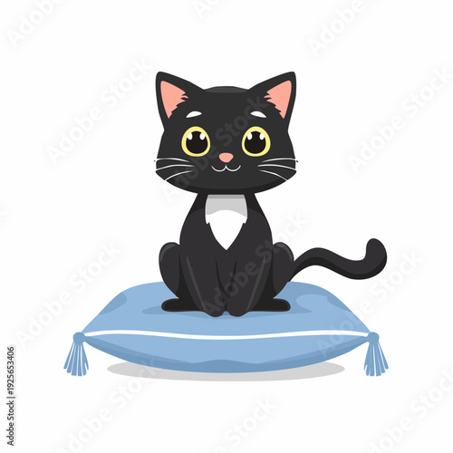 Cute Cartoon Black Cat Sitting on a Blue Pillow, Digital Illustration Style, Adorable Design